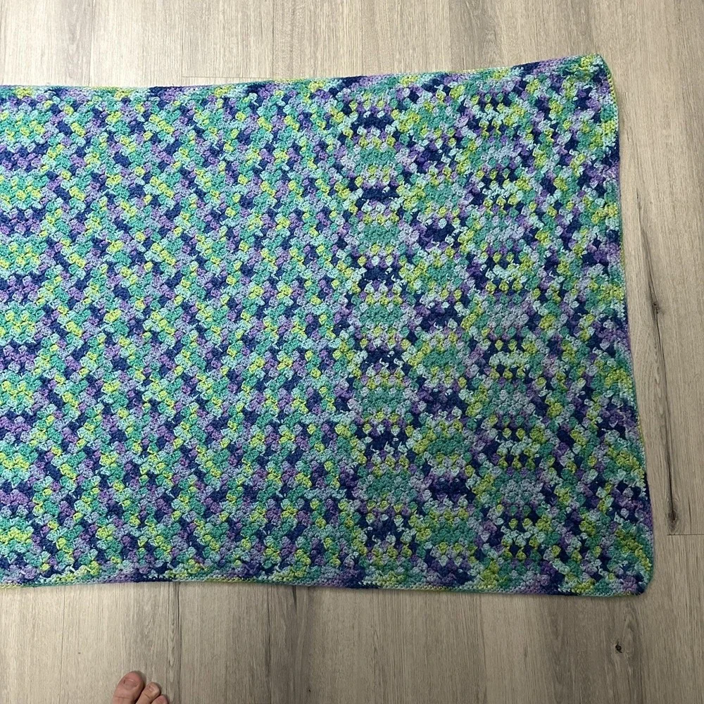 Handmade Crochet Throw Blanket Knit Lap Pastel Blue Purple Green Zig Zag 68 x 31
